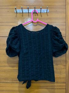 Chic Black Puff Sleeve Tie-Back Top