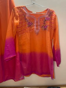 Orange &amp; Pink Ombre Kurta Set with Embellishments