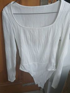 White Ribbed Square Neck Bodysuit
