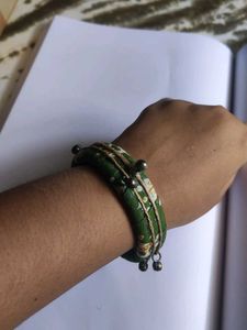 Boho Green Floral Bangle with Bells