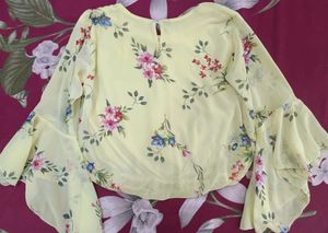 Yellow Floral Bell Sleeve Crop Top