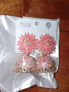 Pink Jhumka Earrings with Floral Design