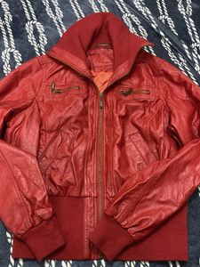 Red Faux Leather Bomber Jacket waist length