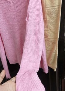 sleeve Cute Pink Knit V-Neck Sweater