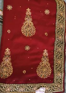 Embroidered Red Saree with Green Border