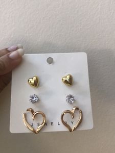 Set Of 3 Heart And Diamond Stud Earrings