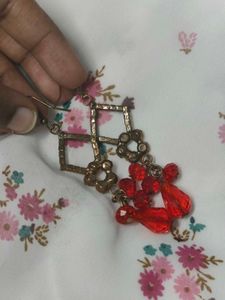 White Crystal Red Beaded Drop Earrings