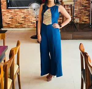 Stylish Teal Jumpsuit with Gold Embellishment