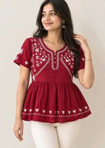 Embroidered Red Cotton Kurta