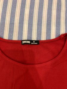 Red Ribbed Crew Neck T-Shirt