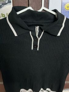 Black Ribbed Polo Crop Top