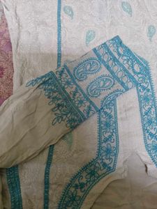 White Kurta with Blue Embroidery