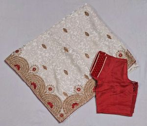 Elegant White & Red Embroidered Saree with Blouse