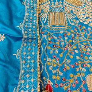 Firozi Blue Peacock Embroidered Party Wear Suit