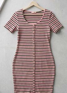 Striped Ribbed Button-Up  midi Dress