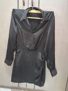 Black Satin Mini Shirt Dress