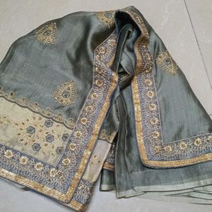Embroidered Grey Silk Saree