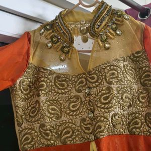 Designer Orange &amp; Gold Ethnic Gown