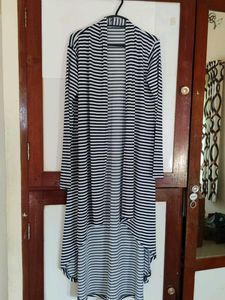 Striped Open Front Long Cardigan