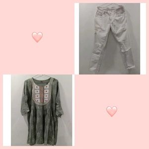 Embroidered Kurta &amp; Ripped Jeans Set