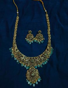 Royal Peacock Designer Necklace Set with Aqua Bead