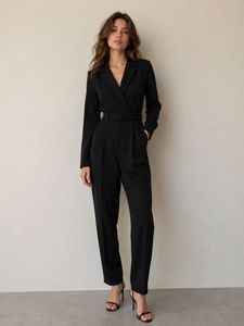 Chic Black Belted Blazer Jumpsuit