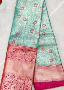 Beautiful Sea Blue Floral Silk Saree