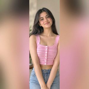 Pink Striped Button-Up Crop Top