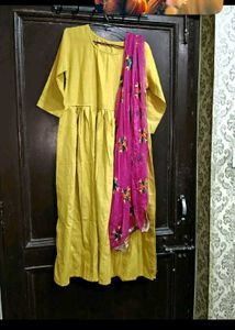 Yellow Kurta with Pink Embroidered Dupatta