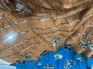 Elegant Blue &amp; Brown Floral Saree