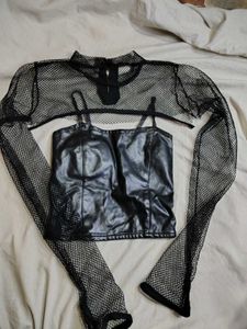 Black Mesh Long Sleeve with leather Top
