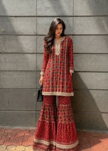 hot Red Printed Kurta Set with Flared Pants