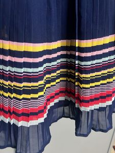 Navy Blue Pleated Dress with Colorful Trim