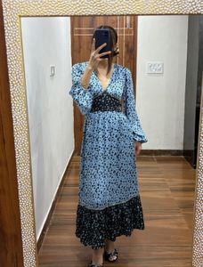 Ditsy Floral Pastel Blue-Black Print Midi Dress