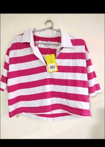 Oversized Pink Striped Crop Top