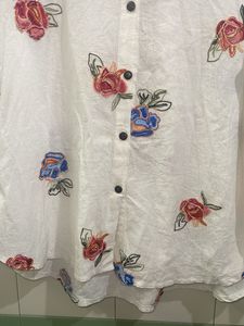 White Floral Print Button-Down Shirt