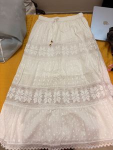 White Cotton Maxi Skirt with Lace Detailing