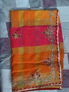 Vibrant Checked Saree with Floral Embroidery