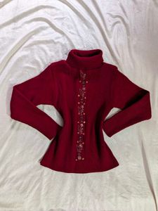 Maroon Turtleneck Sweater with Butterfly Detail