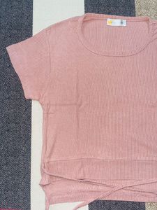 Pink Ribbed Knit Crop Top with Tie Detail
