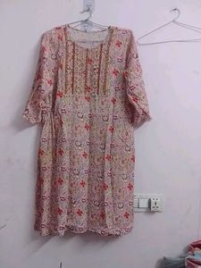Pink Floral Kurta with Embellished Neckline