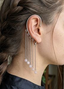 Elegant Ear Cuff with Pink Stone Dangles