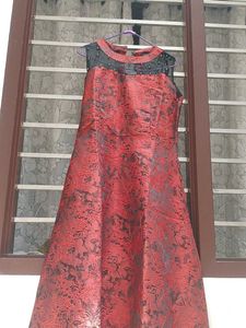 Elegant rust Brocade Dress with Embellished Neckli