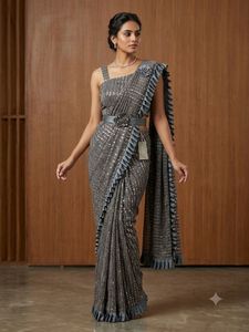 Elegant Grey Sequined Saree with Belt