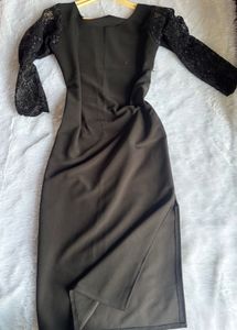 Lace Sleeve Black Midi Dress