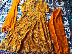 Vibrant Orange Floral Kurta Set with Dupatta
