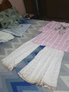 Pink Striped Kurta with White Pants Set