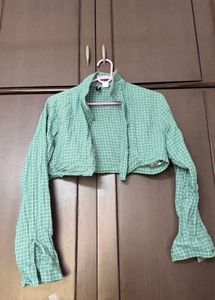 Green Checked Cropped Shrug Shirt for Women