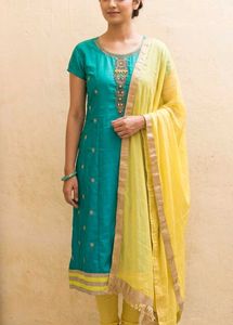 Vibrant Teal Embroidered Ethnic Dress Full Set
