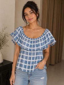 Blue &amp; White Checkered Off-Shoulder Top